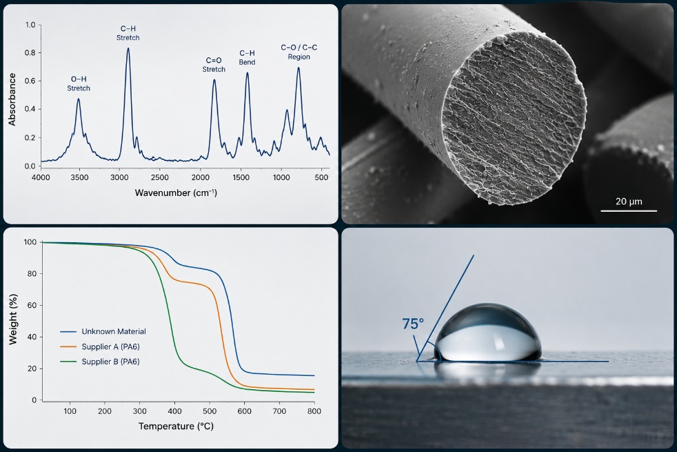 Materials science education collage showing FTIR, SEM, TGA, and contact angle analysis visuals